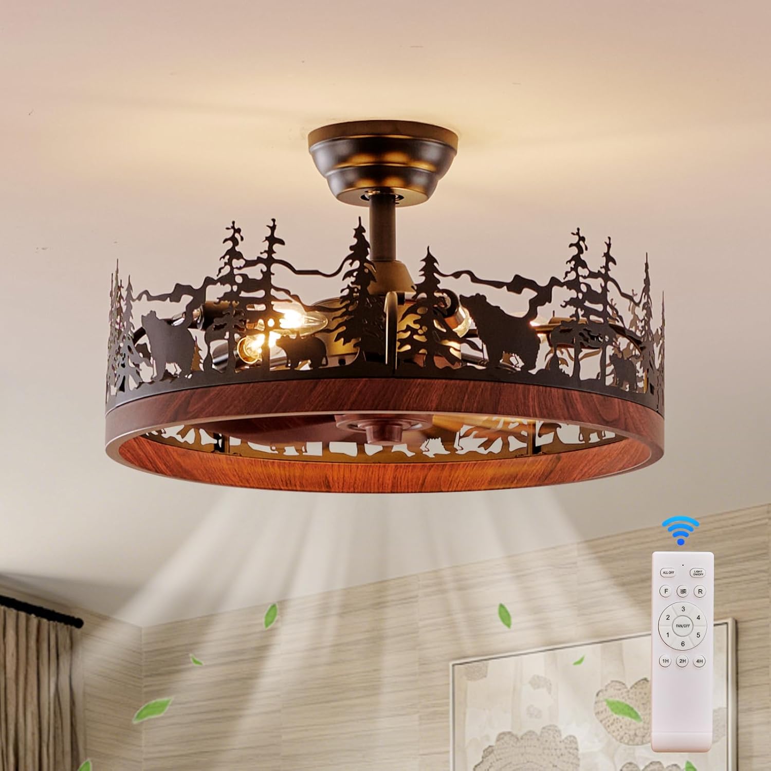 21 Inch Flush Mount Farmhouse Ceiling Fan with Light and Remote, Rustic Walnut Wood Grain Bladeless Fandelier Chandeliers Fan, Forest Ceiling Fan for Living Room, Bedroom