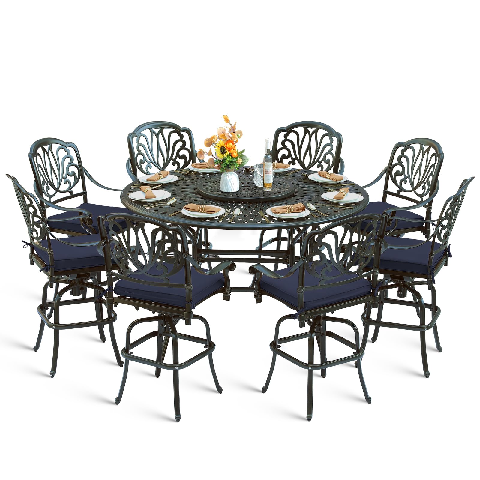 MEETWARM 10-Piece Outdoor Bar Set, All Weather Cast Aluminum Patio Bar Furniture with 8 Cushioned Swivel Bar Stools, Large 61" Round Patio Bar Height Table with Detachable Lazy Susan, Umbrella Hole