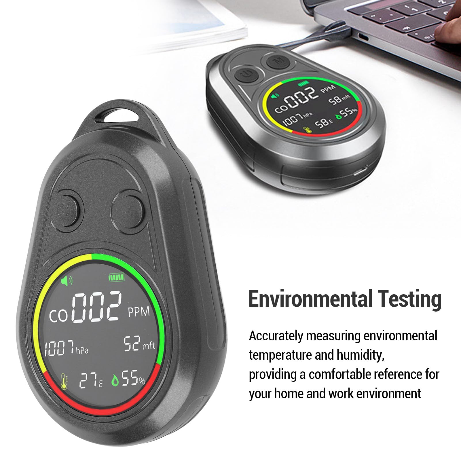 Detector Portátil de Calidad del Aire, Batería de Litio de 1000 MAh, Monitor de CO en Tiempo Real, Temperatura, Humedad, Barómetro, Altímetro para Acampar, Montañismo, Exploración