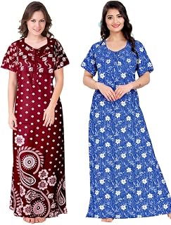 MYRELOOK Women Cotton Nighty Combo Pack of 2, Printed Maxi Nighty Gown, Short Sleeve Cotton Nightdress, Soft Breathable An... Price In India