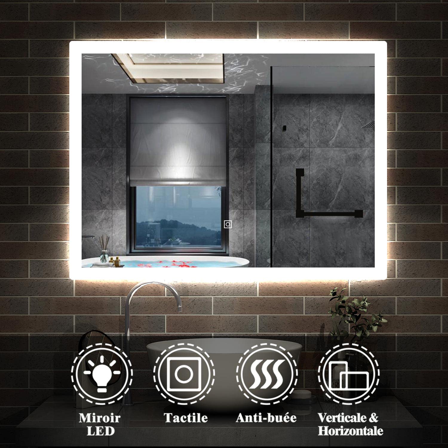 Miroir de Salle de Bain 90x70cm Anti-buée Miroir Mural avec éclairage LED modèle Carré 4.0