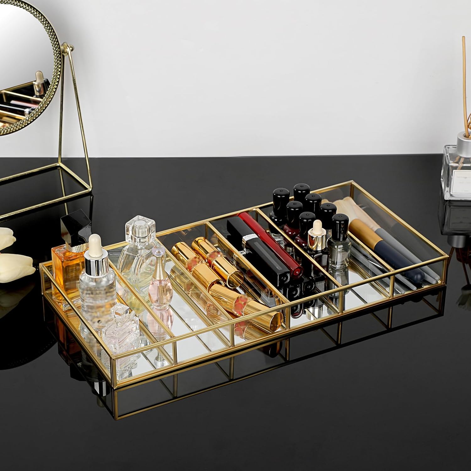 Hipiwe Glass Sunglass Organizer Tray Eyewear Eyeglass Storage Display Case Gold Mirrored Jewelry Perfume Display Tray Vintage Gold Sunglass Storage Case for Drawer Dresser Closet, 6 Slots