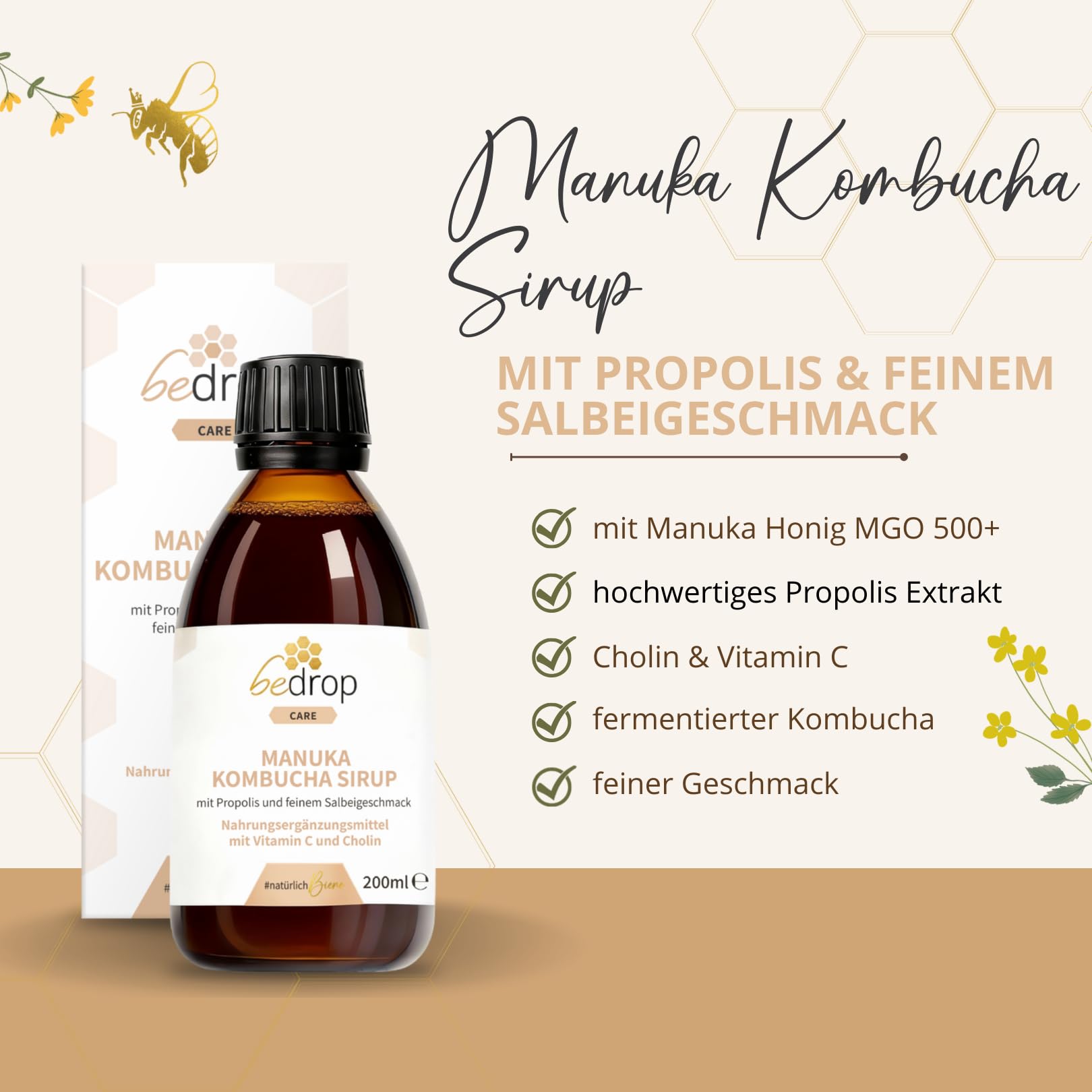 bedrop Manuka Kombucha Sirup I Mit Cholin und Vitamin C I Mit hochwertigem Manuka Honig +500 MGO & Propolis Extrakt - 200ml