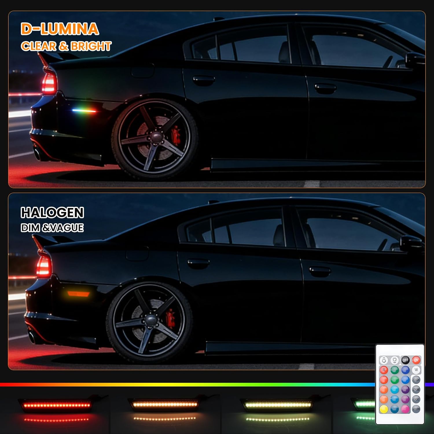 RGB LED Side Marker Lights for Dodge Challenger 2008-2014 & Charger 2011-2014, Rear Fender Bumper Sidemarker Reflectors Lamps with RF Remote 16 Colors Strobe Light, Somked Lens Parking Lamps 2PCS