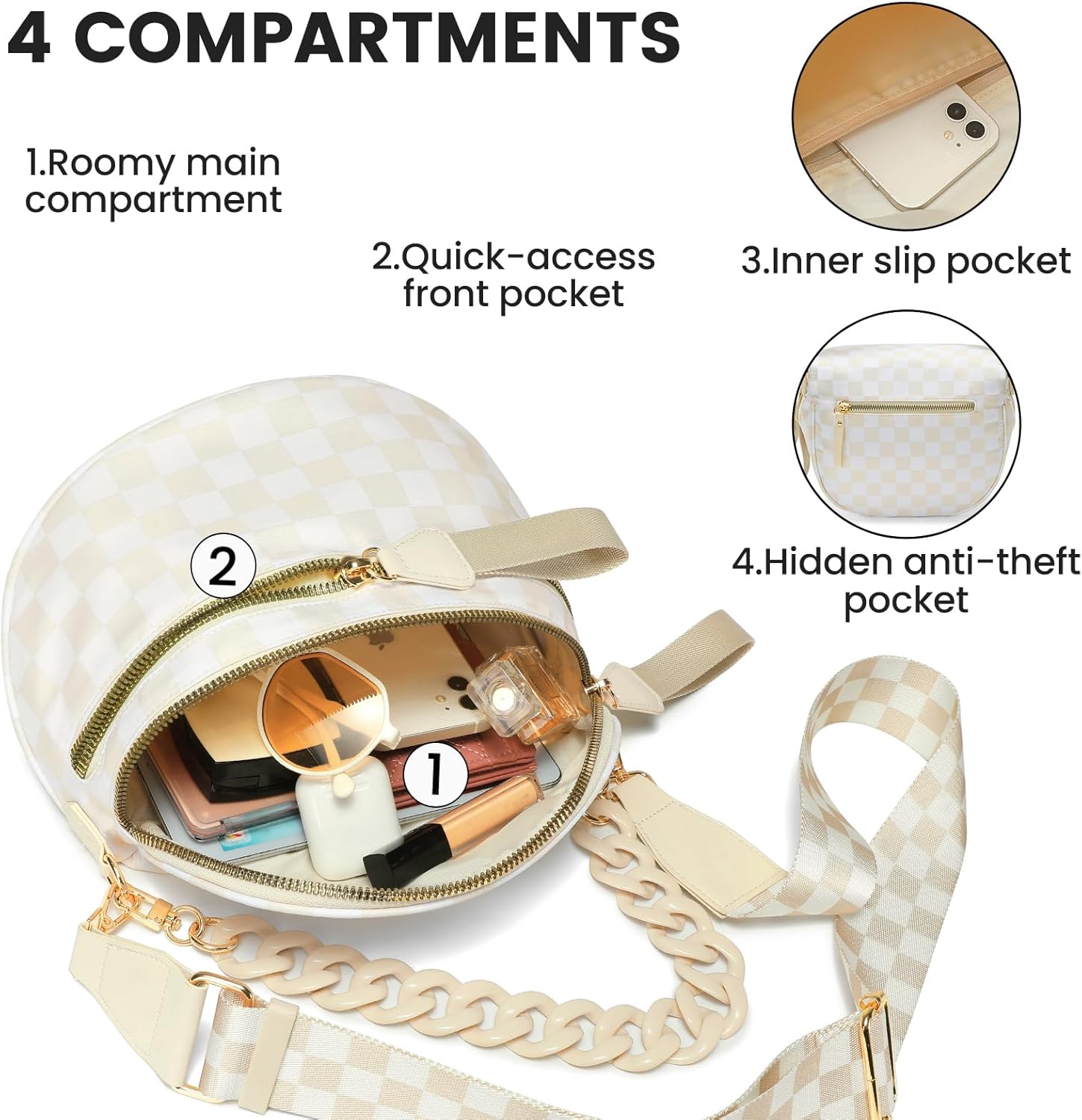 Crossbody Bags for Women Chain Bum Handbag, Checkered Strap Roomy Versatile Mom-Friendly Bag with Multiple Pockets - Image 5