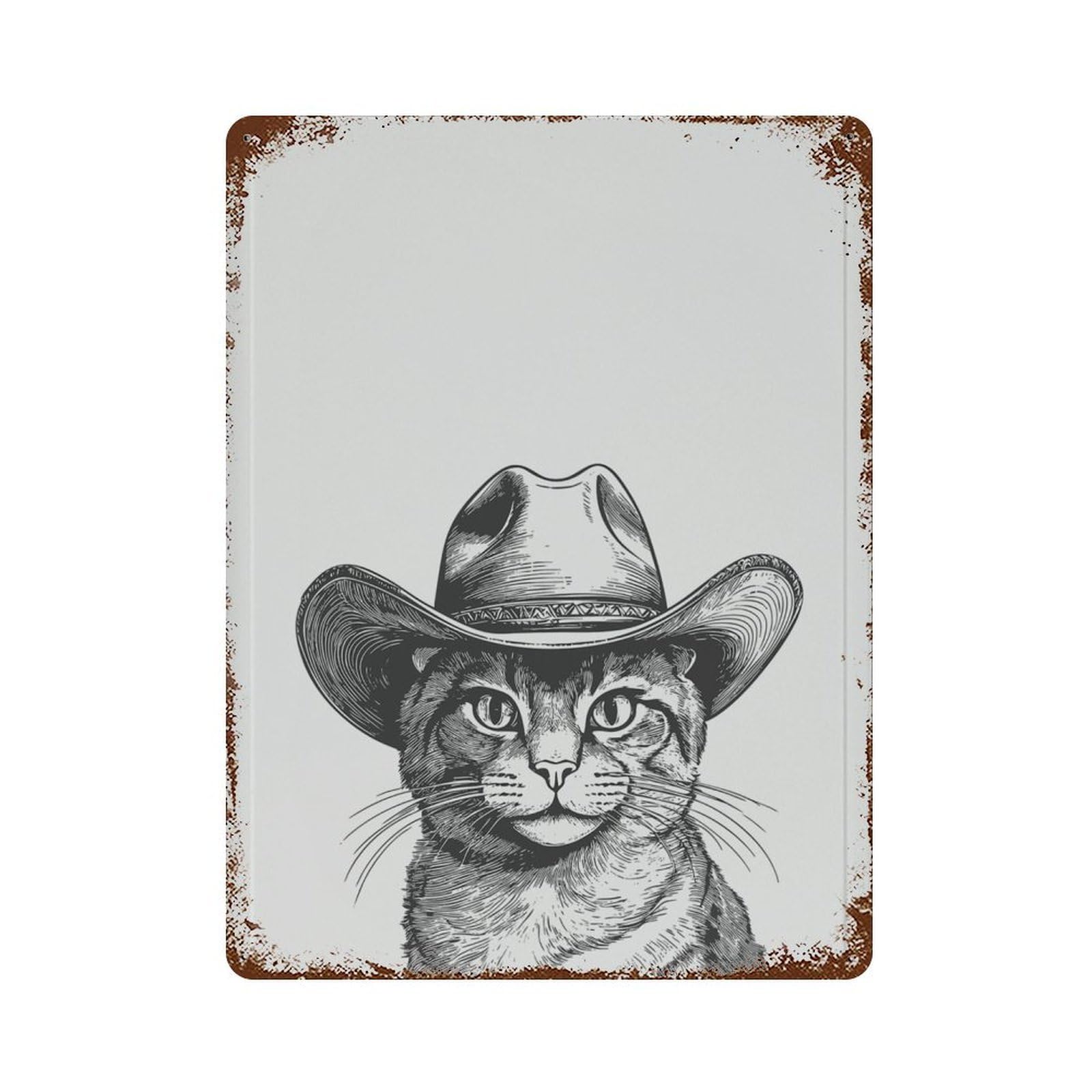 xiaoxiaoshen Cowboy Cat Illustration Black And White Western Animal Poster Wall Decor Art Metal Tin Poster Modern Home Decor Art Home Bar Shop Decorations Vintage Sign 40x30cm