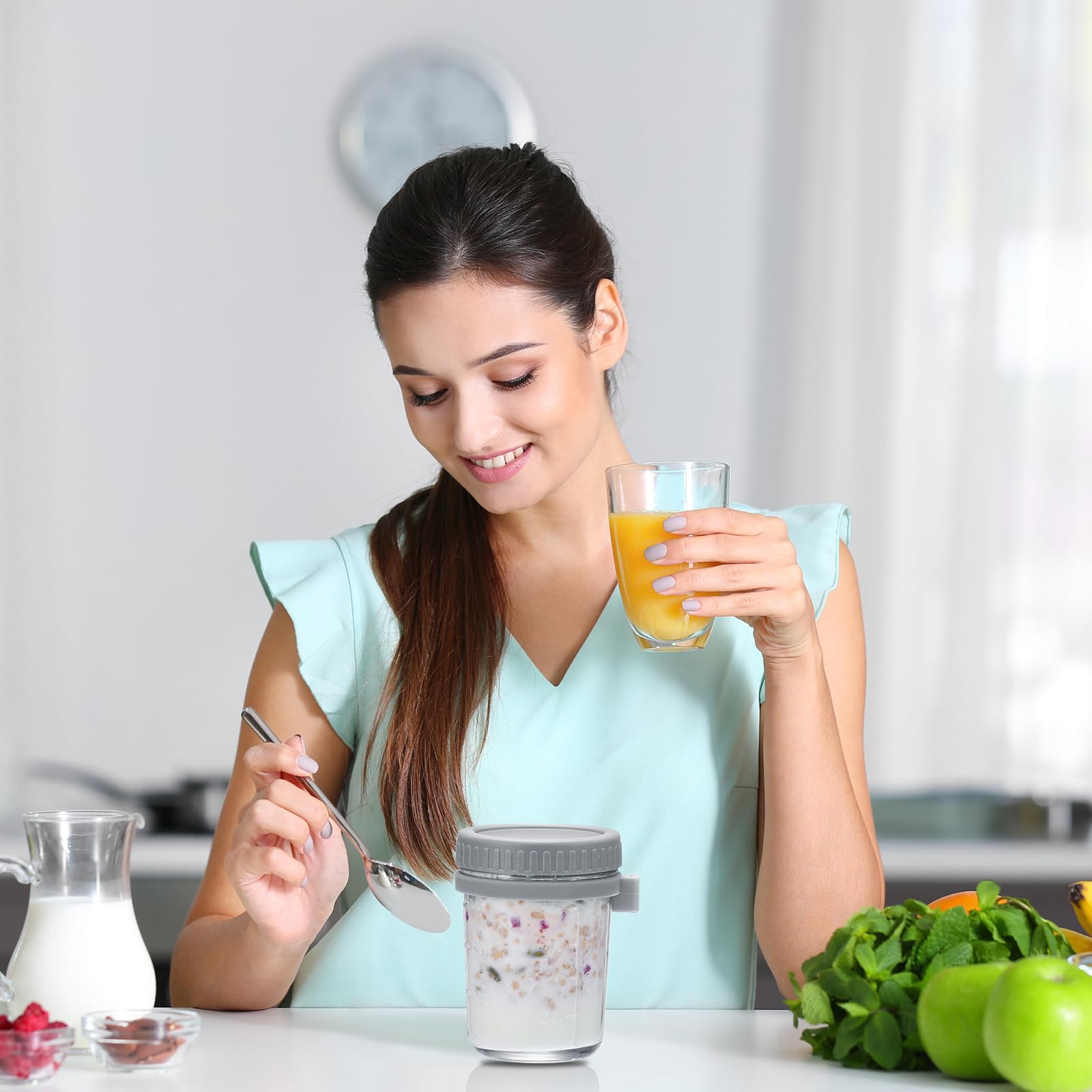 QUARKZMAN Übernacht Haferflocken Behälter mit Deckel 6stk - 10 Oz Übernacht Haferflocken Gläser mit Löffeln und Maß Markierungen Mason Glas Gläser für Milch Müsli (Grau)