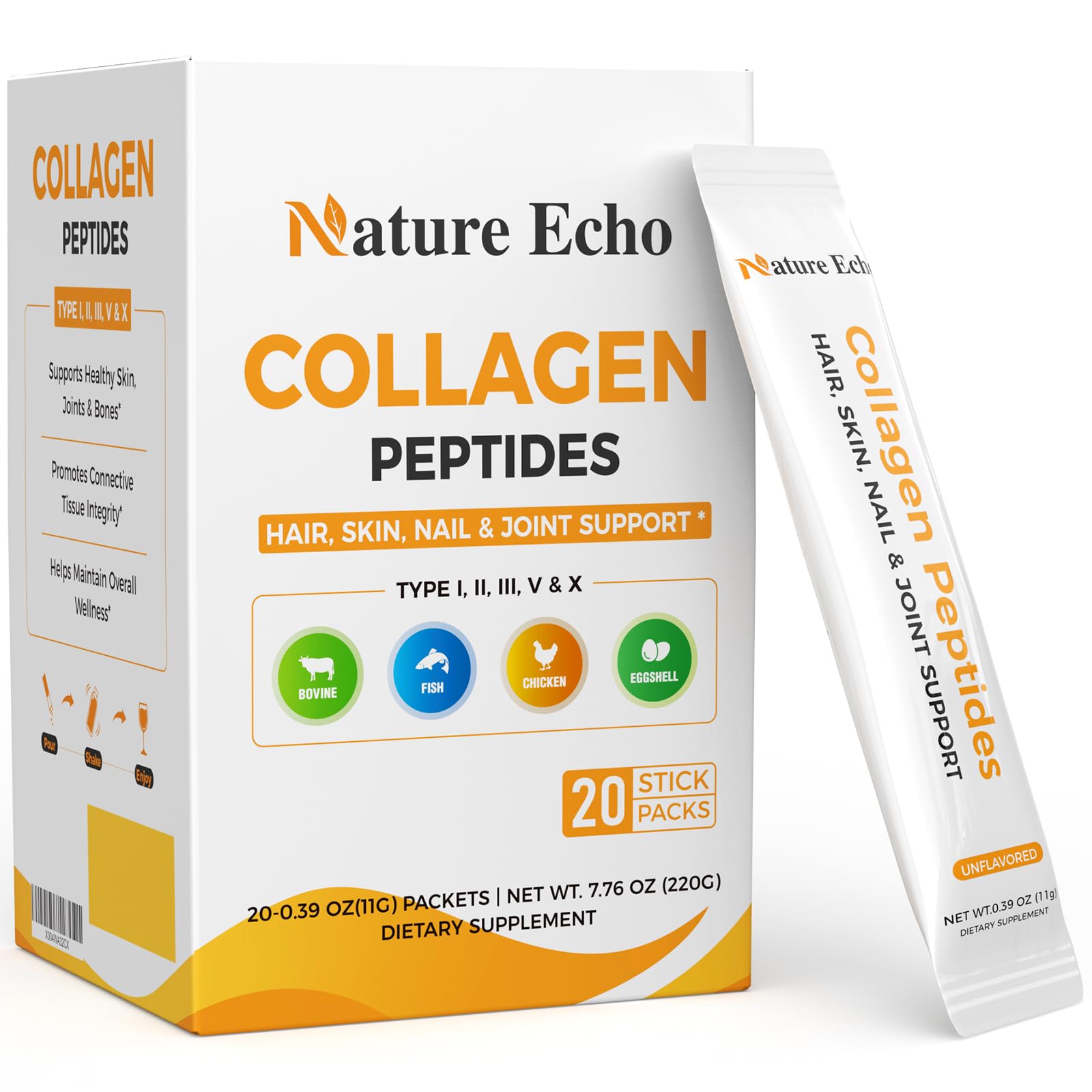 Collagen Peptides - 5 Types of Hydrolyzed Collagen Powder Supplement (I, II, III...