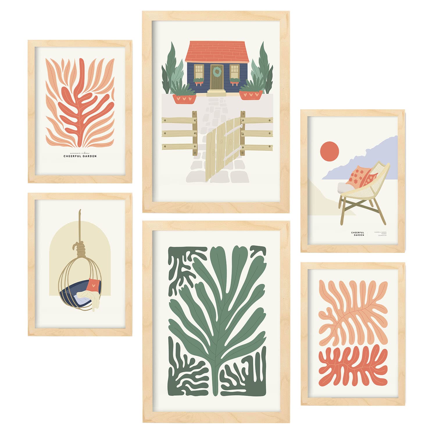 Nacnic Set de 6 Posters Minimalismo en Colores Vibrantes. Casa de la Playa. Láminas de Paisajes y Naturaleza para el Diseño y Decoración de Interiores. Tamaños A3 & A4, Marcos Color Madera.