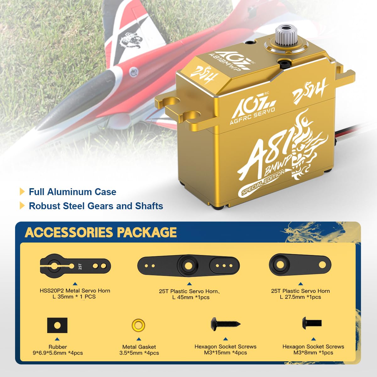AGFRC Servo-motore impermeabile RC sterzo 55KG ad alta coppia - Full Metal Gear Digital Brushless Standard Servo per auto RC 1/8 1/10, angolo di controllo 180° (A81BMWP 2024 Special)