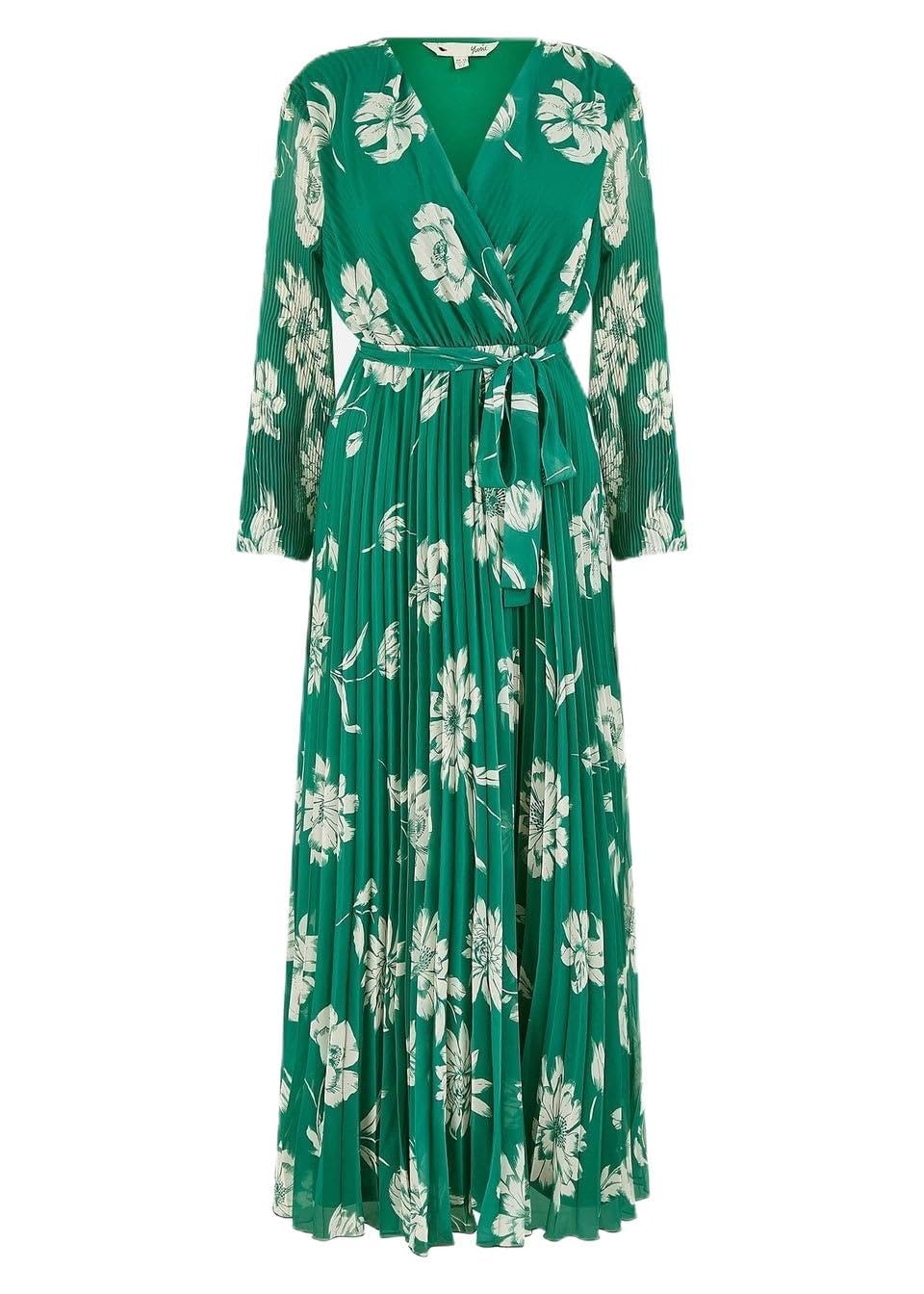Yumi Women's Green Floral Pleated Midi Wrap Long Sleeve Dress | Size: 8