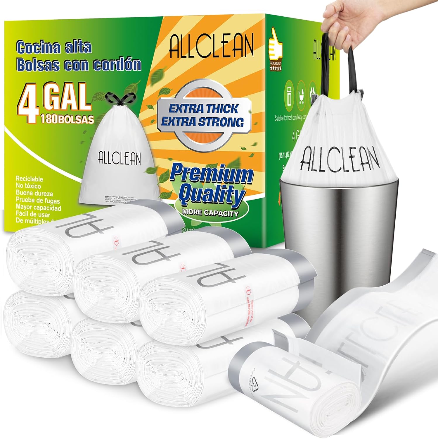 4 Gallon Small Trash Bags, 180 Bags Unscented Small Garbage Bags, Drawstring Trash Bag for bathroom, Office, Kitchen. Extra Thick Recyclable Small Trash Can(10-15) Liners