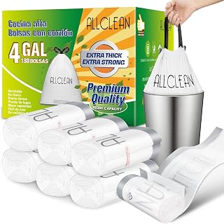 ALLCLEAN 4 Gallon Trash Bags, 180 Counts (6 Rolls) Unscented Drawstring Garbage Bags, Extra Thick Recyclable Trash Can Liners for Bathroom, Office, Kitchen, 10-15L Small Trash Bins