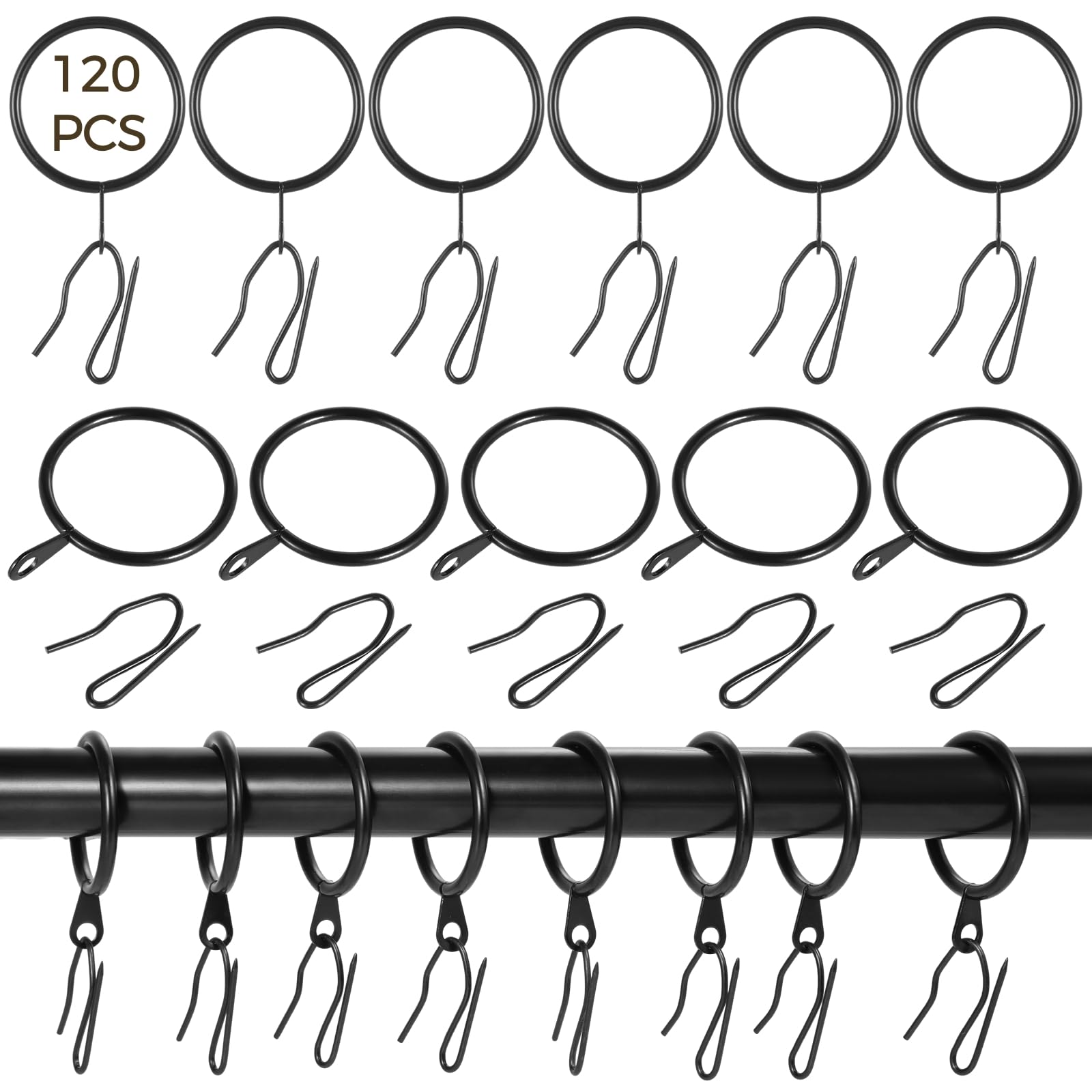 120 Pcs Metal Drapery Curtain Rings and 120 Pcs Metal Curtain Hooks Pin, 1.38 Inch Black Curtain Rings with Eyelet for Drapes, 35mm Internal Diameter for Window, Door and Shower Curtain