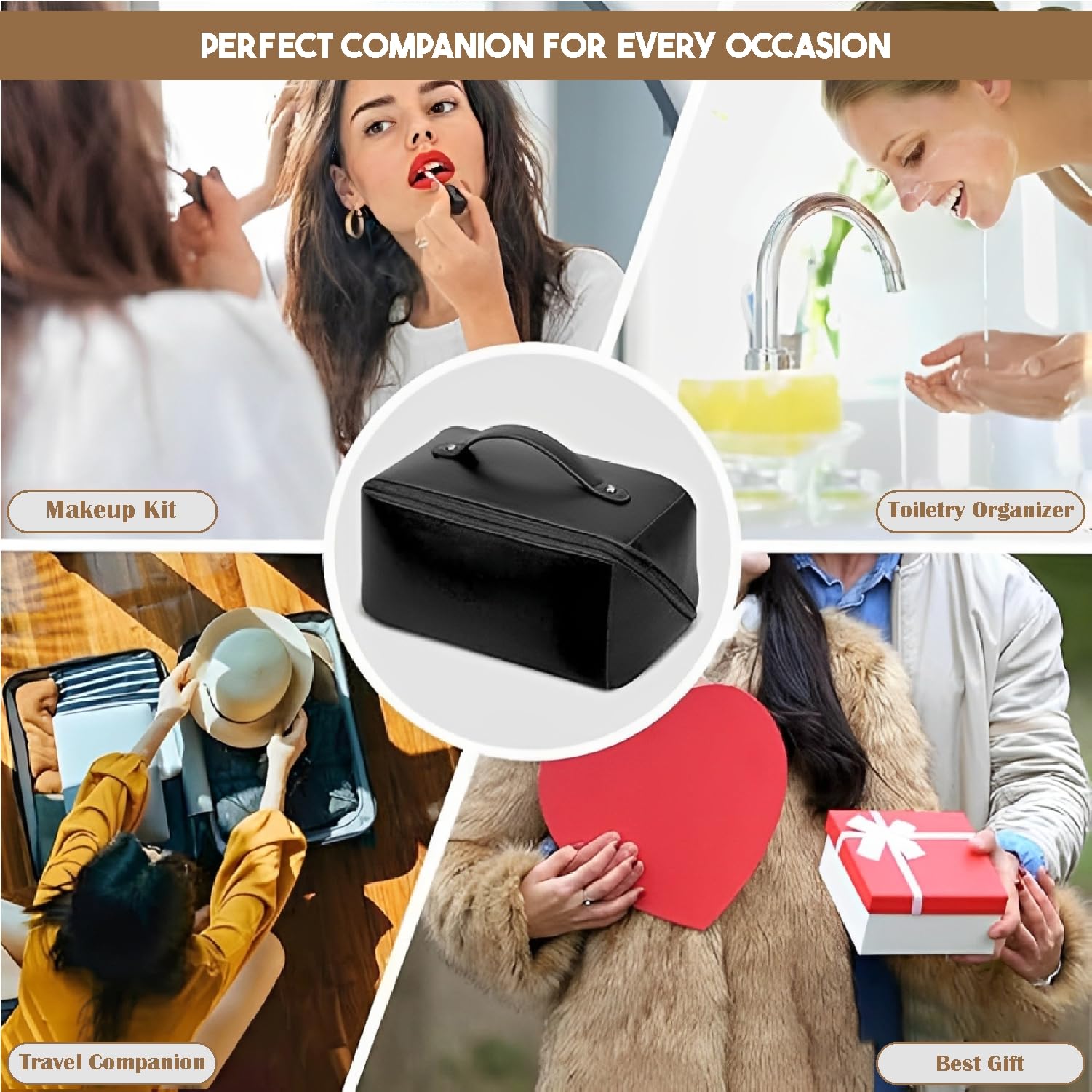 JD FRESH Wide Opening Leather Makeup Organizer Bag/Large Capacity Cosmetic Pouch with Partition & Carry Strap/Portable Toiletry & Vanity Bag for Women/Travel Makeup Bag(Black) - Image 7 thumbnail
