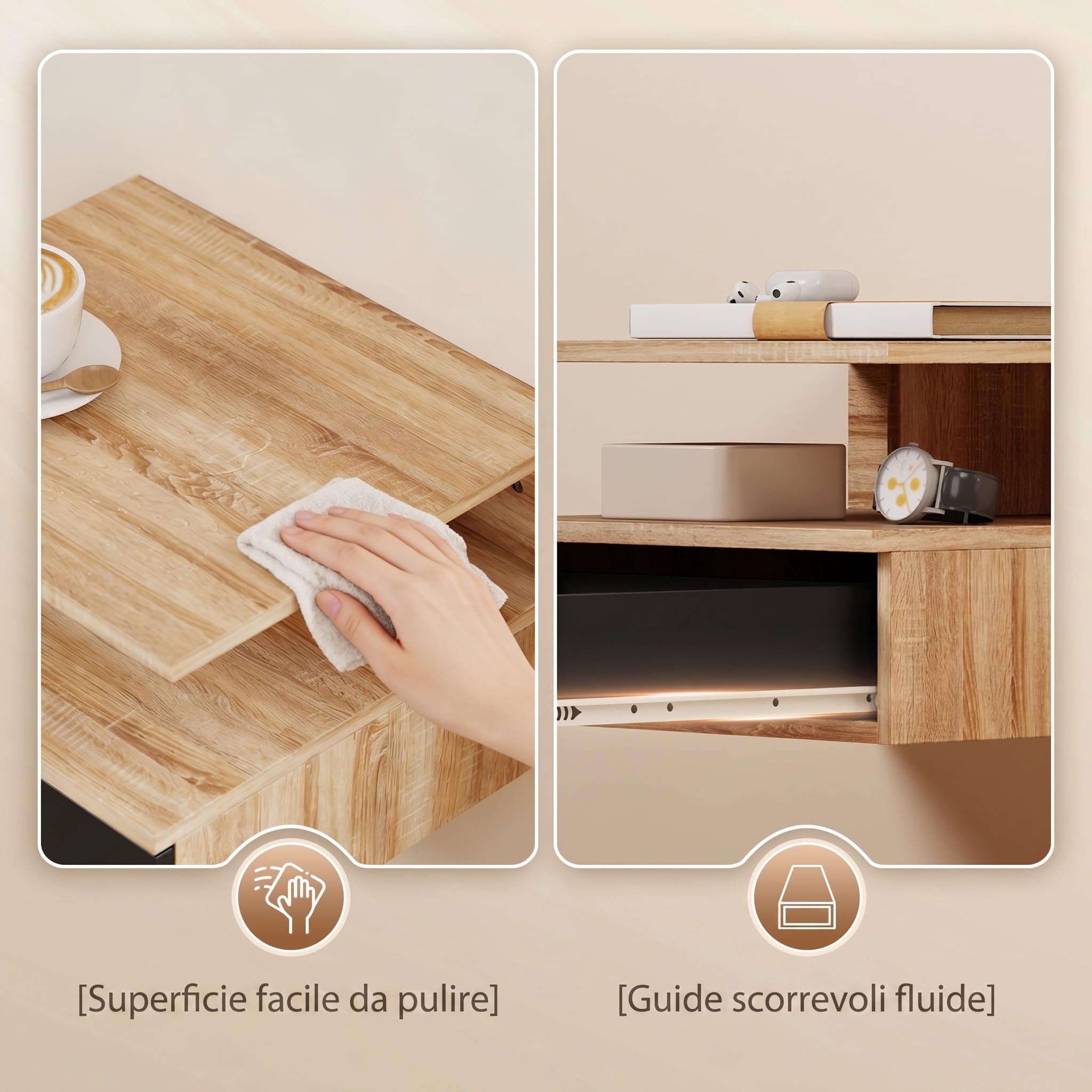 HOMCOM Set da 2 Comodini Sospesi per Camera da Letto, 2 Comodini per Camera da Letto Soggiorno, Salvaspazio Design, con Cassetto e Mensola Superiore in Legno, 35x32x22.5cm, Nero e Rovere