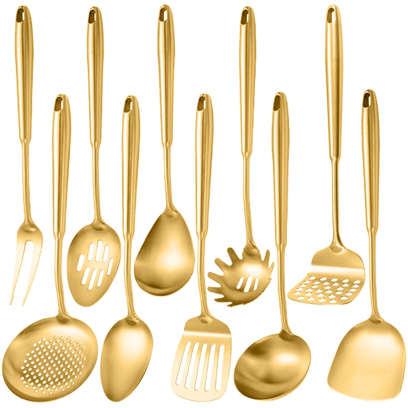 Set di utensili da cucina in acciaio inox, 10 pezzi, utensili da cucina dorati, schiacciapatate cucchiaio solido scanalato cucchiaio forchetta spatola mestolo schiumarola spatola scanalata Tunner