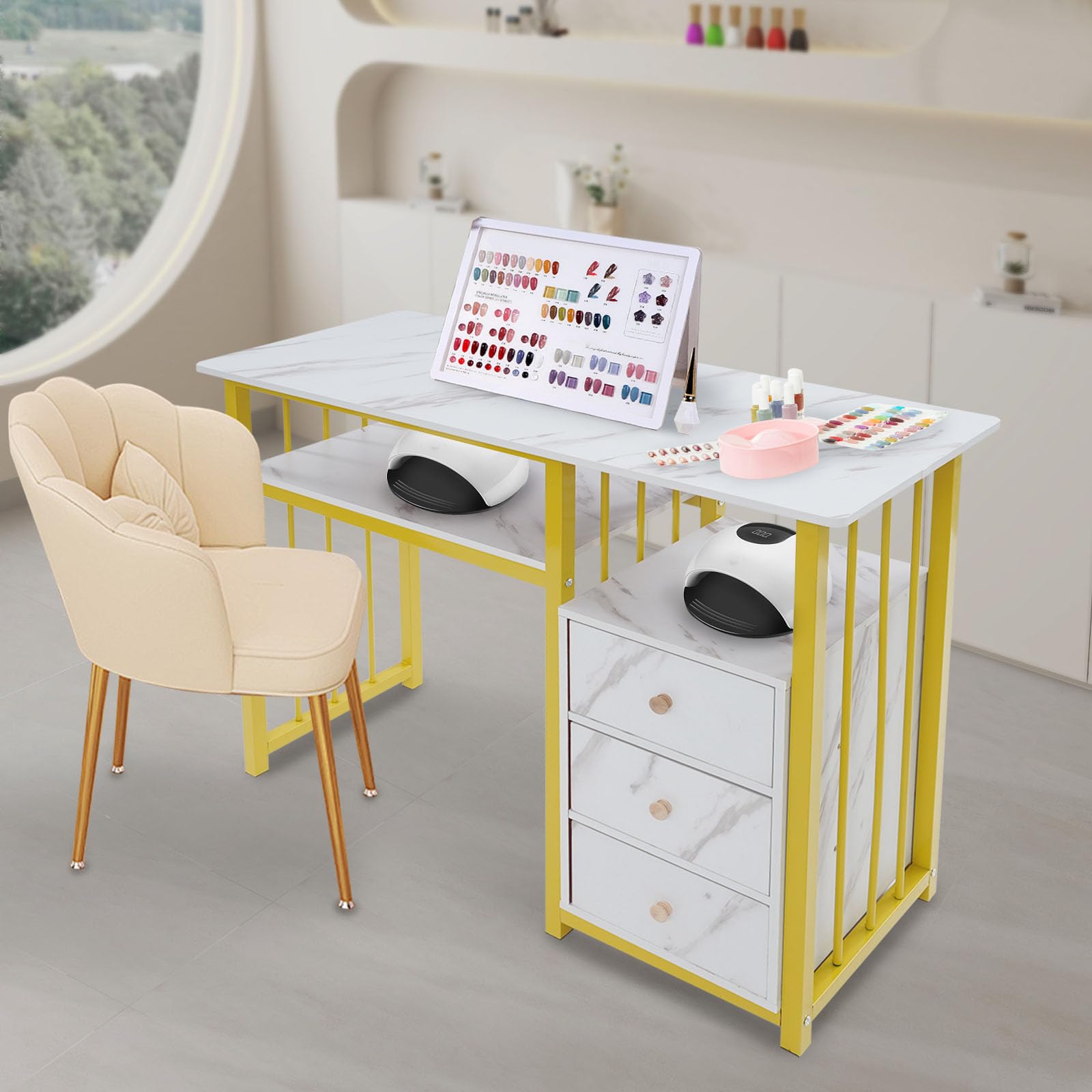 Scrivania per unghie con cassetti per saloni di manicure, con texture marmorizzata, 100 x 40 x 76 cm, per soggiorno, ufficio, ecc