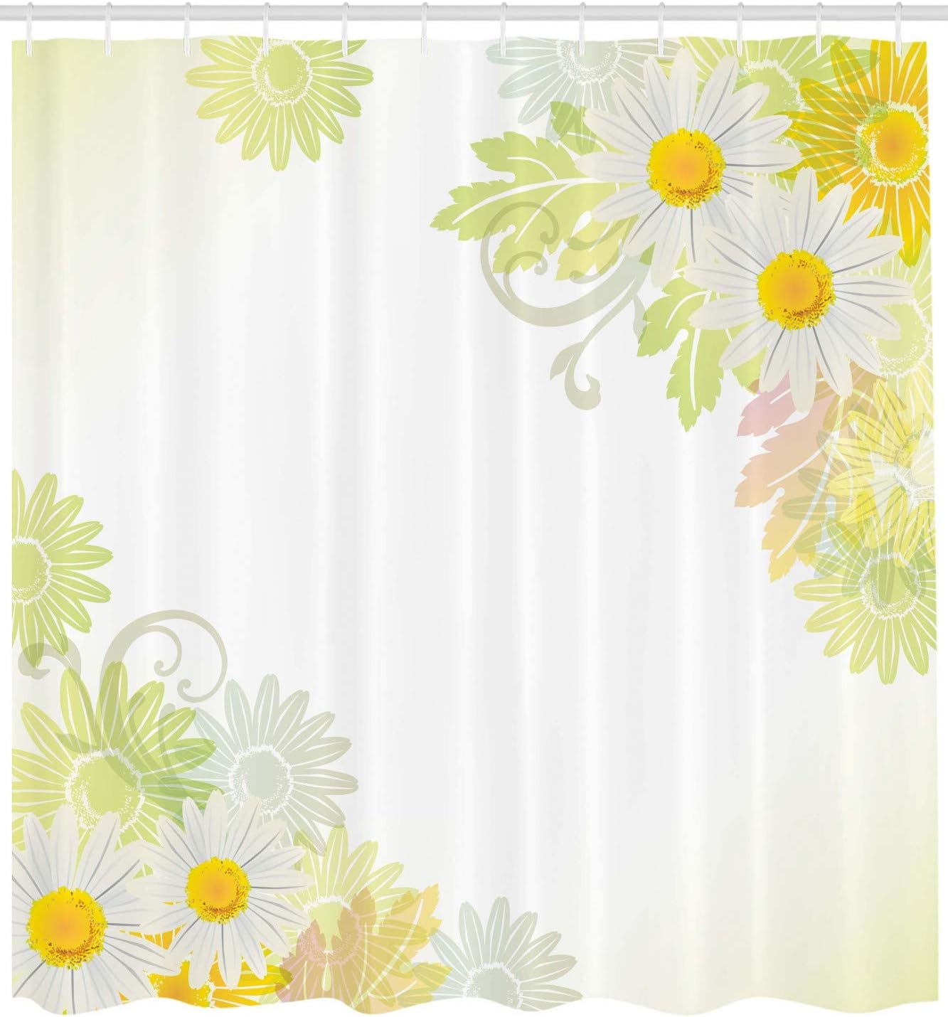 Ambesonne Flower Shower Curtain, Floral Daisies Abstract Oriental Details and Leaves with Sun Like Art Print, Cloth Fabric Bathroom Decor Set with Hooks, 69" W x 84" L, White and Yellow