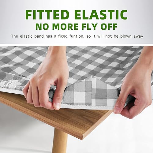 Miniatura 9 de UMINEUX Funda rectangular para mesa de picnic con fundas de banco, mantel de vinilo ajustable para mesas de 6 pies, impermeable, respaldo de