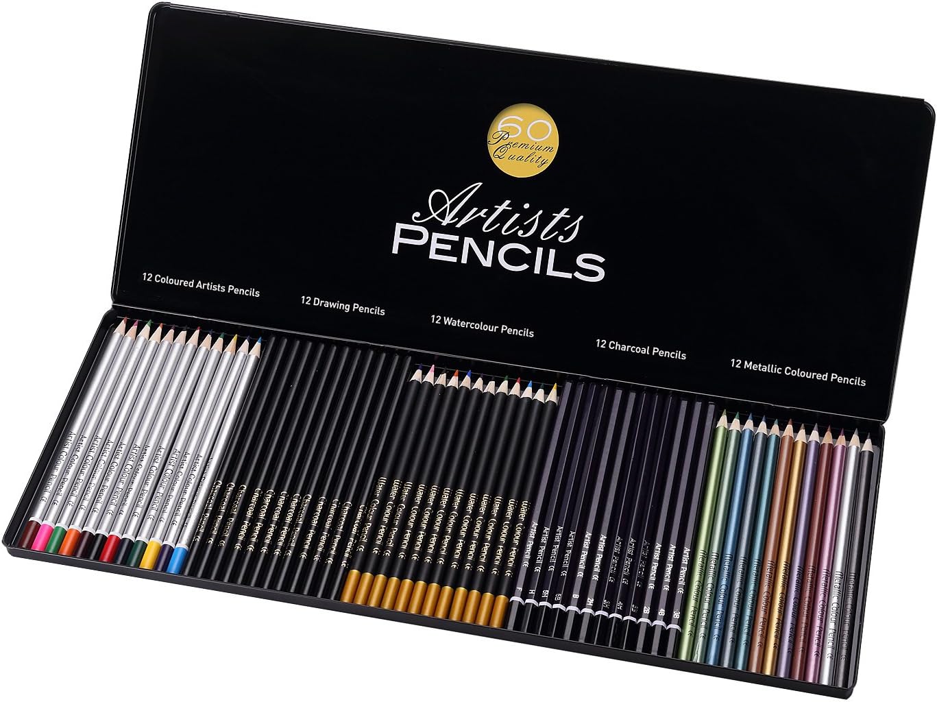 Sago Brothers Pro Art Colored Pencil 60 PCS Set, 36 Colors - (Watercolor, Colored, Metallic, Charcoal, Drawing Pencils) 12 PCS for Each Kind