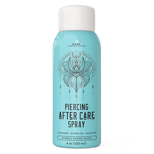 BASE LABORATORIES Piercing Aftercare Spray 4oz | Saline Spray for Piercings | Ear Piercing Cleaner Spray | Saline Solution for Piercings | Piercing & Keloid Bump Removal for Ears, Belly Nose Piercings