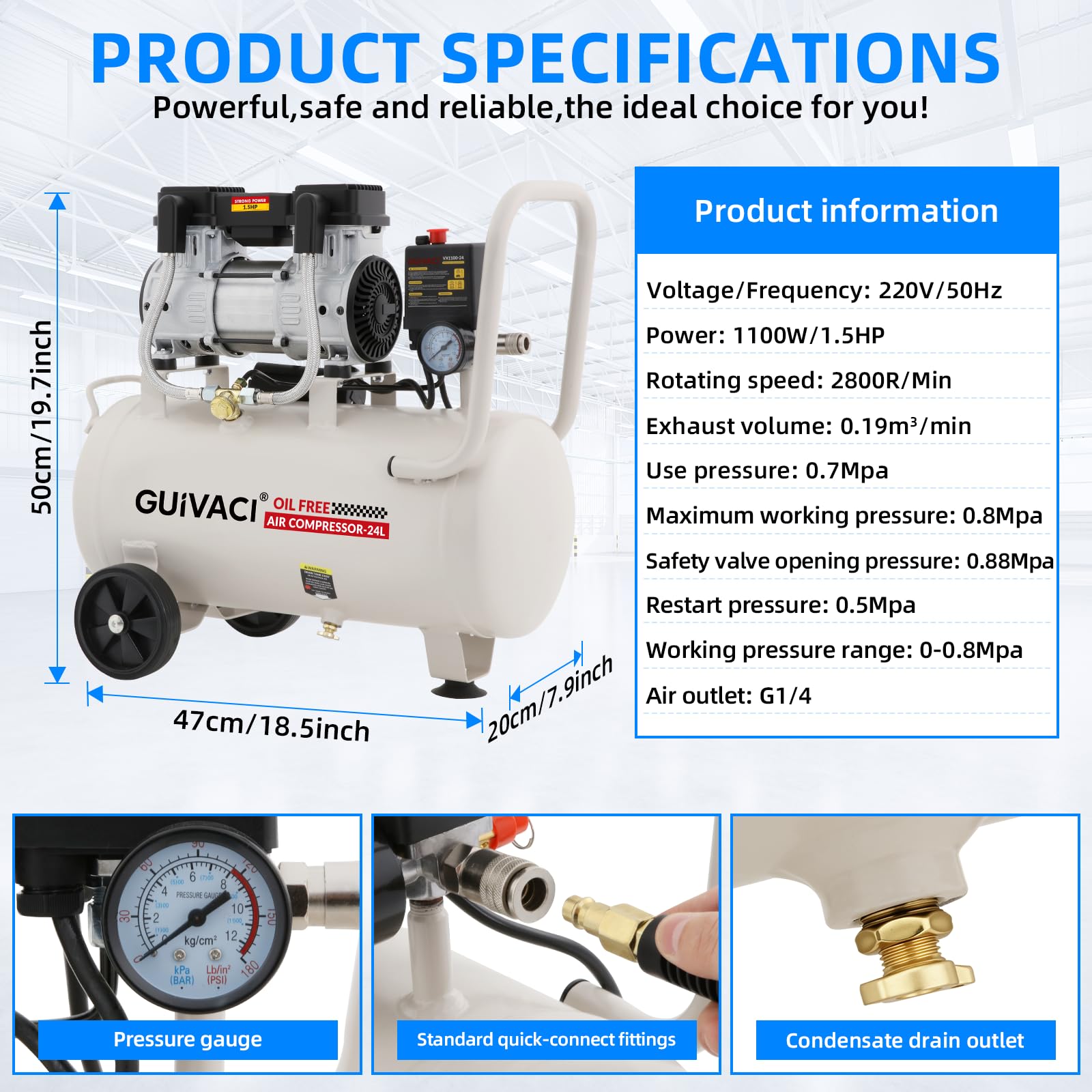 Flüsterkompressor 24L Ölfrei – 1100W (1.5PS), max. 8 Bar, 190L/min, 60dB, mit 10m Luftschlauch, Für Werkstatt, Auto und Lackierung