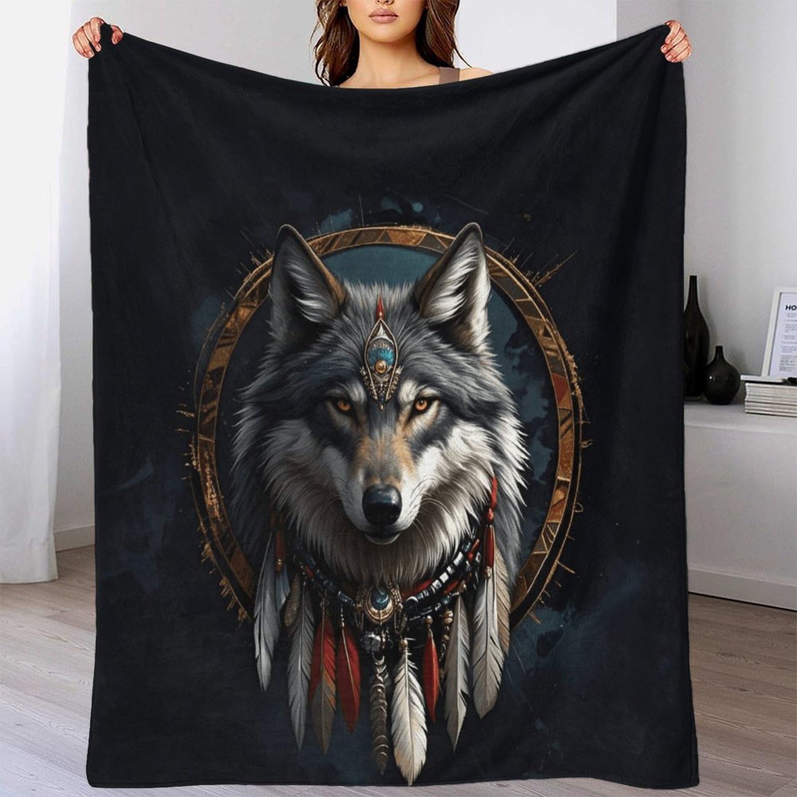 Lililaobiao Gray Wolf Sherpa Blanket Throw Fleece Blanket, Soft Fluffy Fuzzy Warm Dreamcatcher Blanket 40X50inch(100X130cm) Throws For Bed And Couch, Thick Blanket For All Season Use