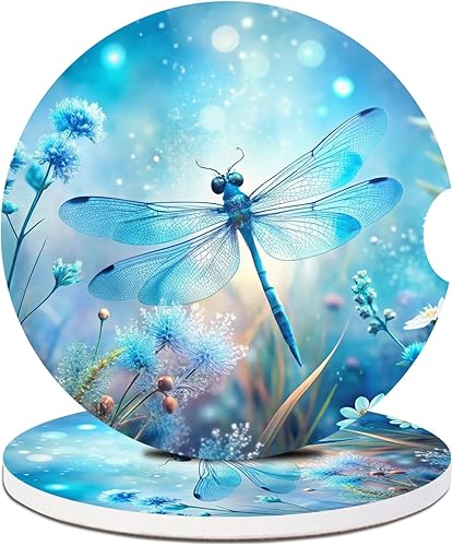 Paquete de 2 portavasos para automóvil, posavasos de cerámica absorbente con libélula azul, posavasos para portavasos de automóvil, accesorios de