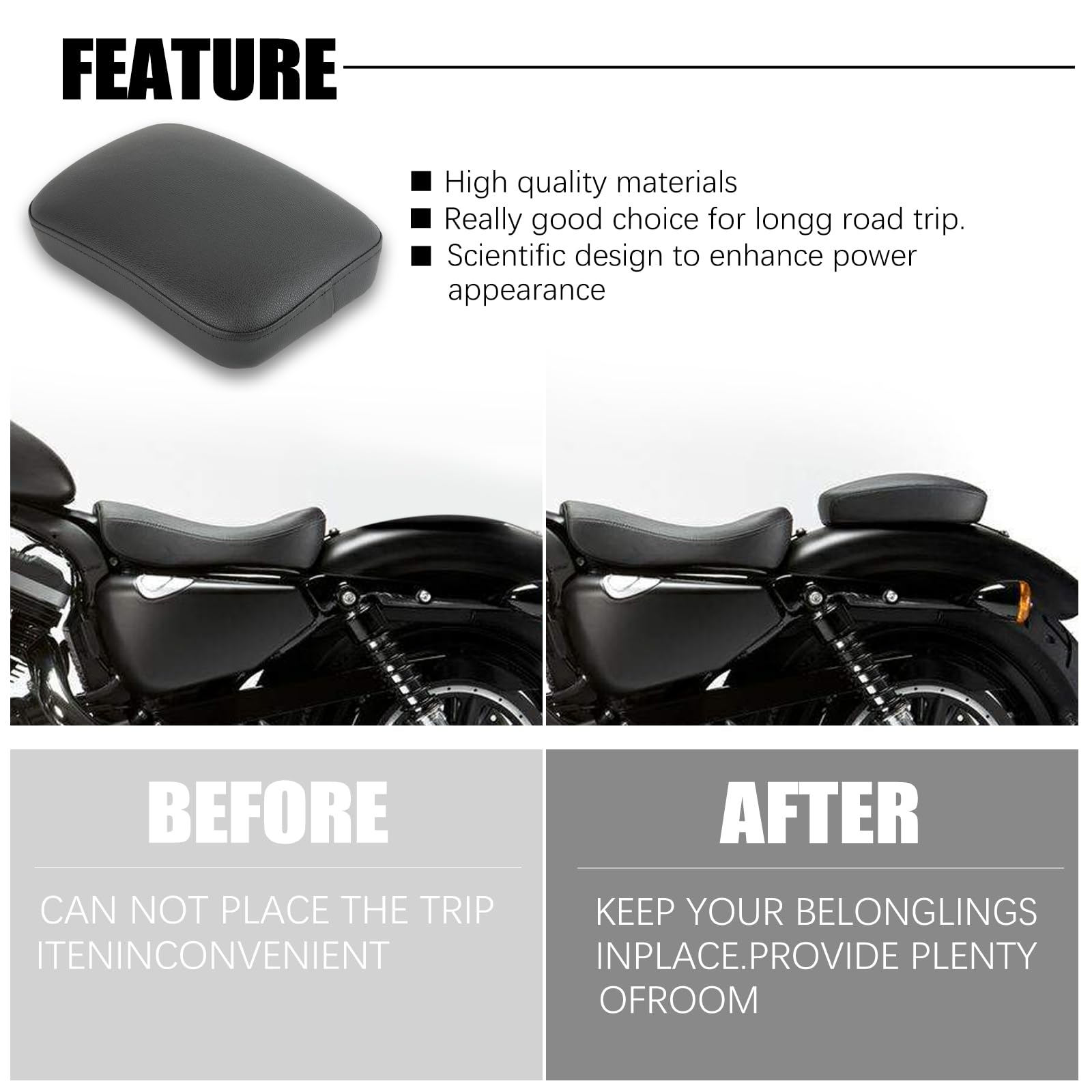 JMTBNO Sedile passeggero universale nero per moto, in pelle, con 8 ventose, compatibile con Harley Sportster, Bobber, Chopper, Custom Bike