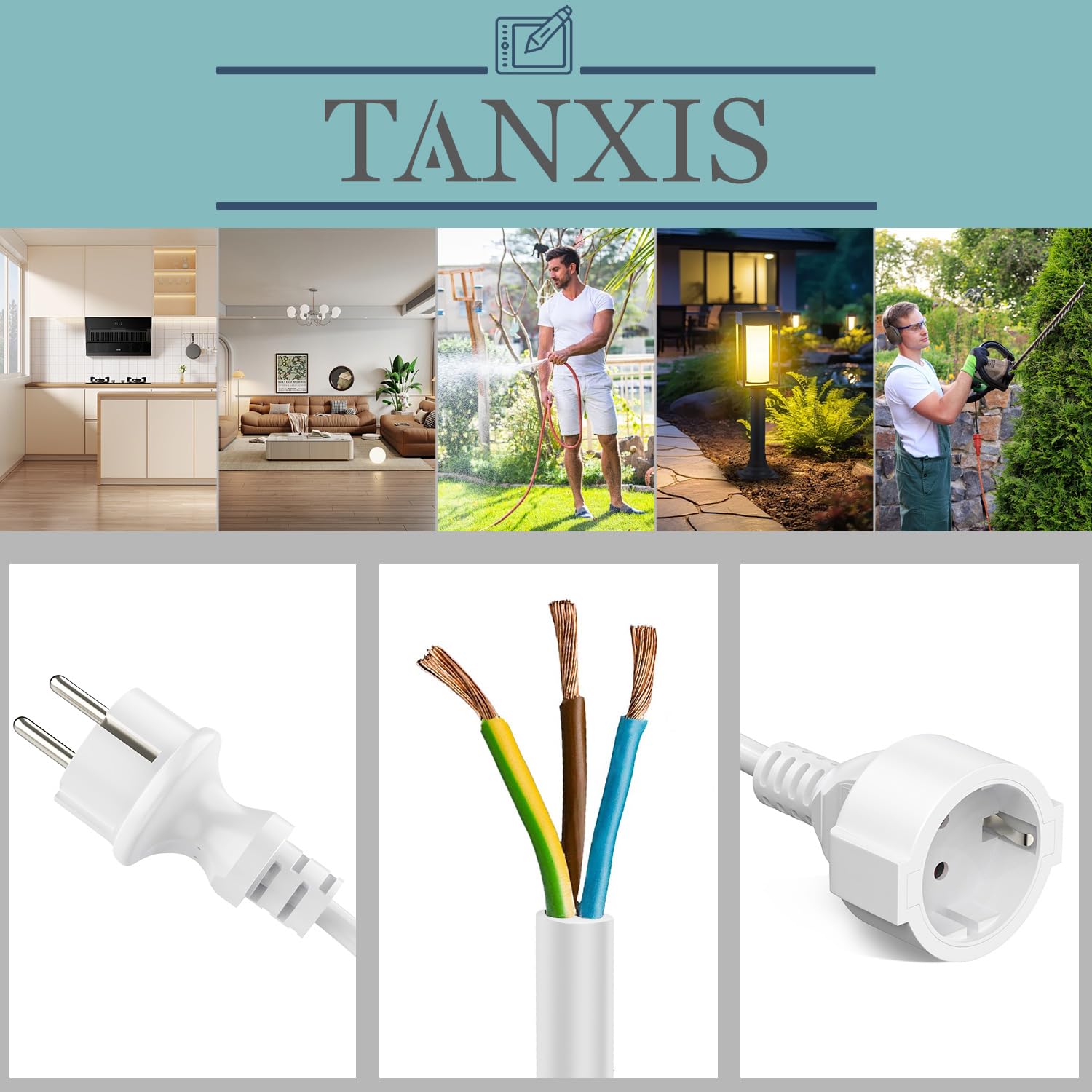 Przedłużacz z 2 gniazdami Schuko, przedłużacz 8 m, ochrona przed dotykiem, IP20, 1 mm², 250 V, 16 A, 3680 W, biały