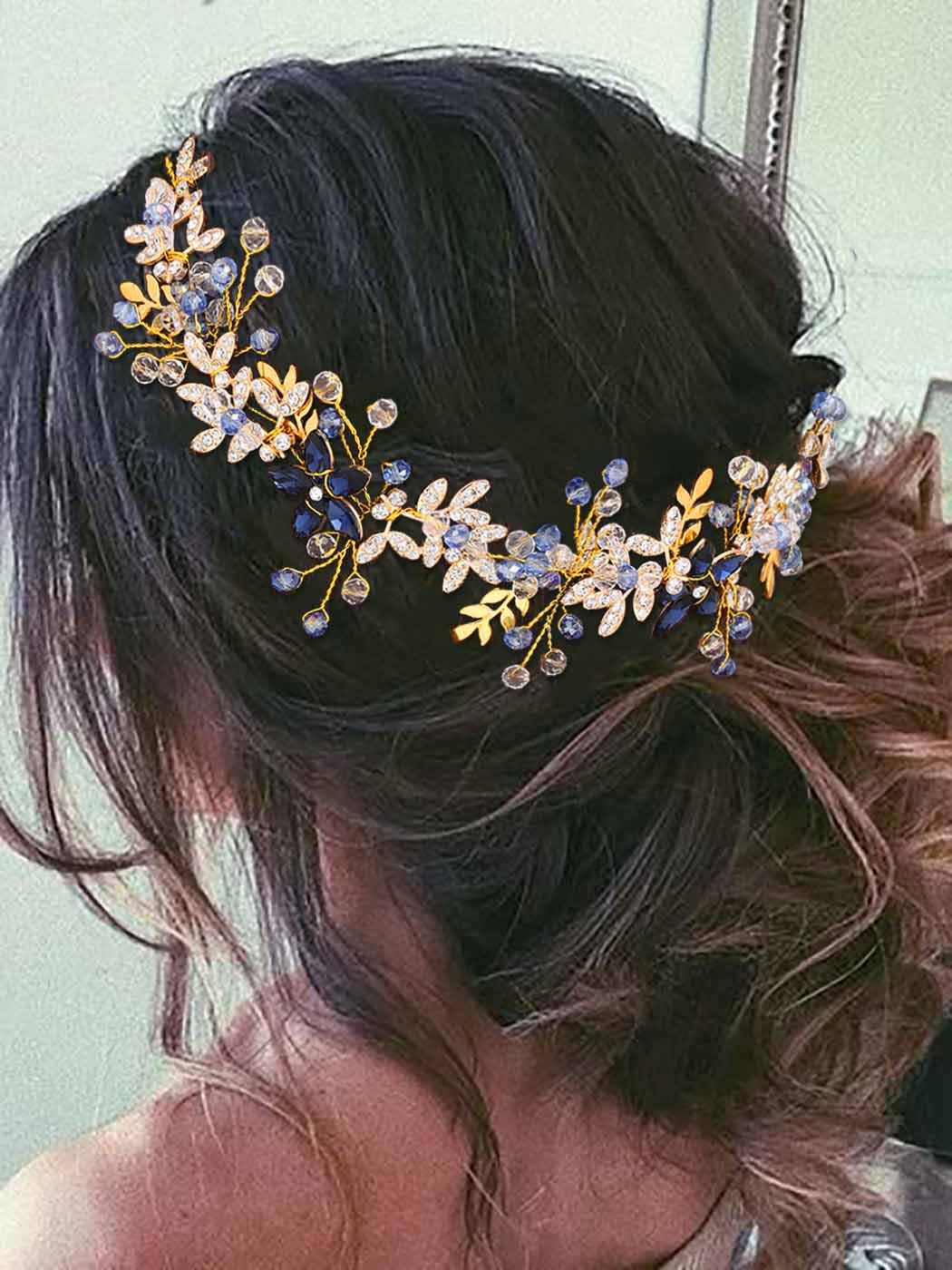 IYOU Bridal Wedding Hair Vine Gold Leaf Headpiece Flower Guest Bride Hair Accessories for Women, Blue - Image 3
