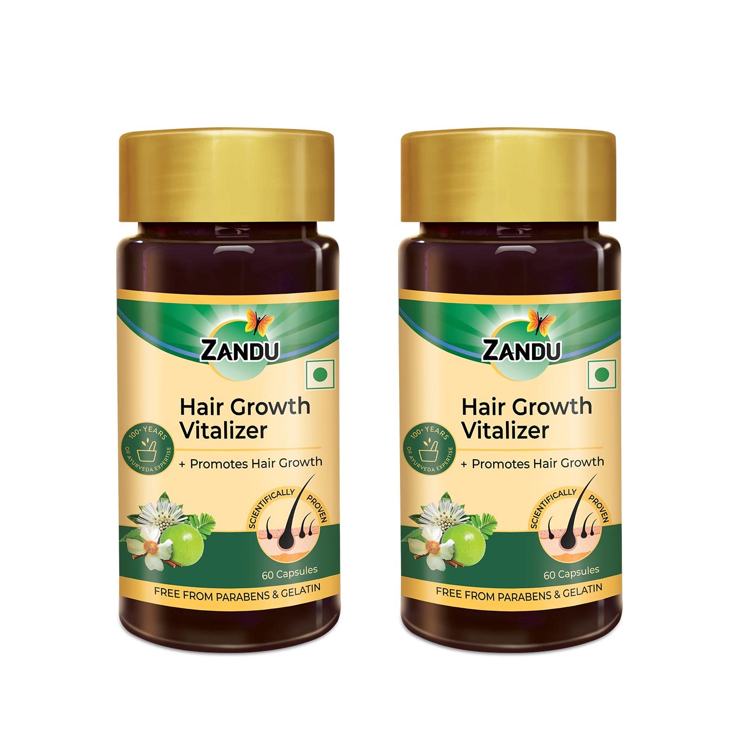 Zandu Hair Growth Vitalizer A Formulation Prepared With Selected Herbs To Take Care Of Your Hair|Useful In Nourishing Hair & Scalp (60 Capsules X 2), 90 Grams