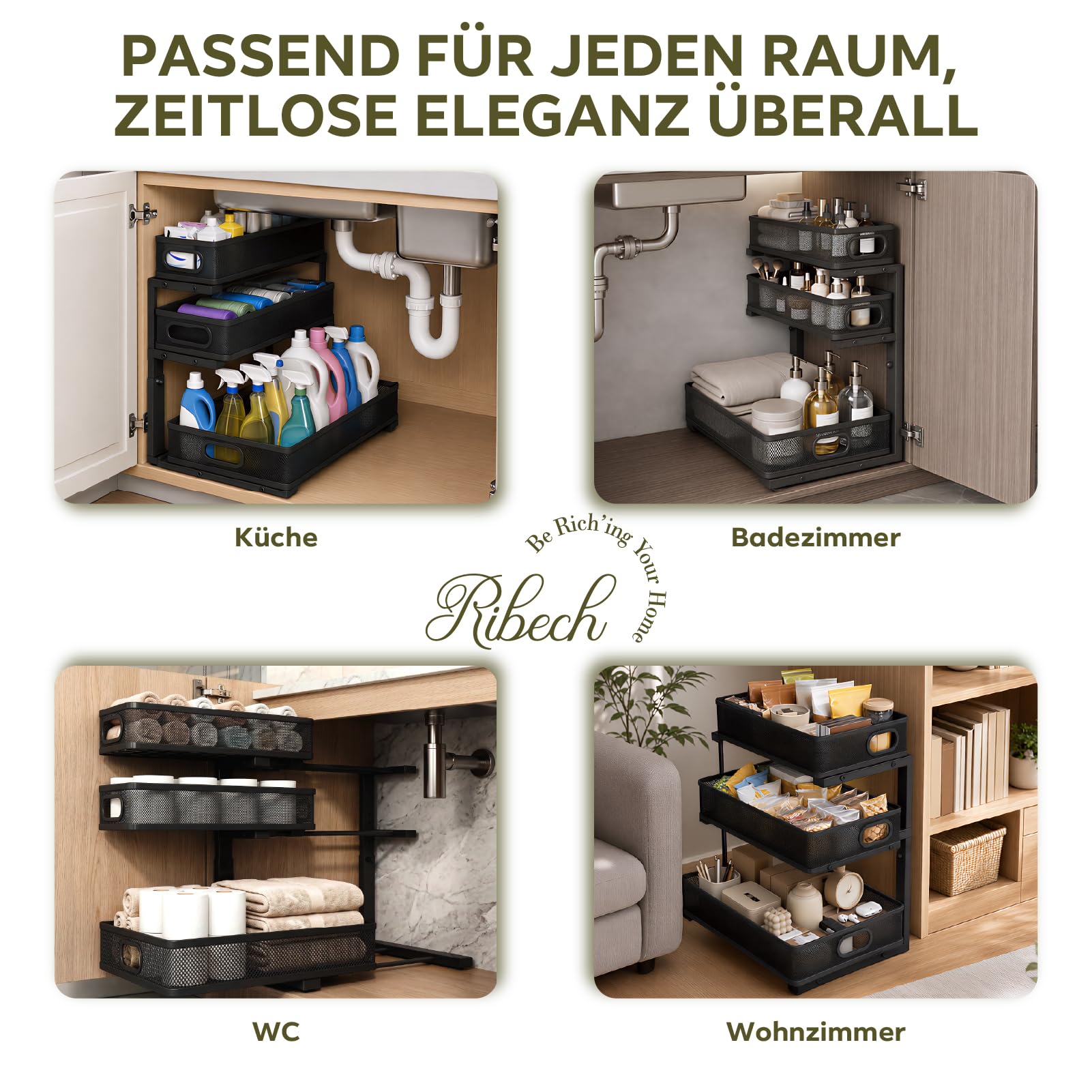 3-Stufiger Schrankorganizer, Höhenverstellbar & Rutschfest | Leichtgängige Schienen | Langlebige Konstruktion | Kratzfeste Oberfläche | Einfache Reinigung | Feuchtigkeitsschutz