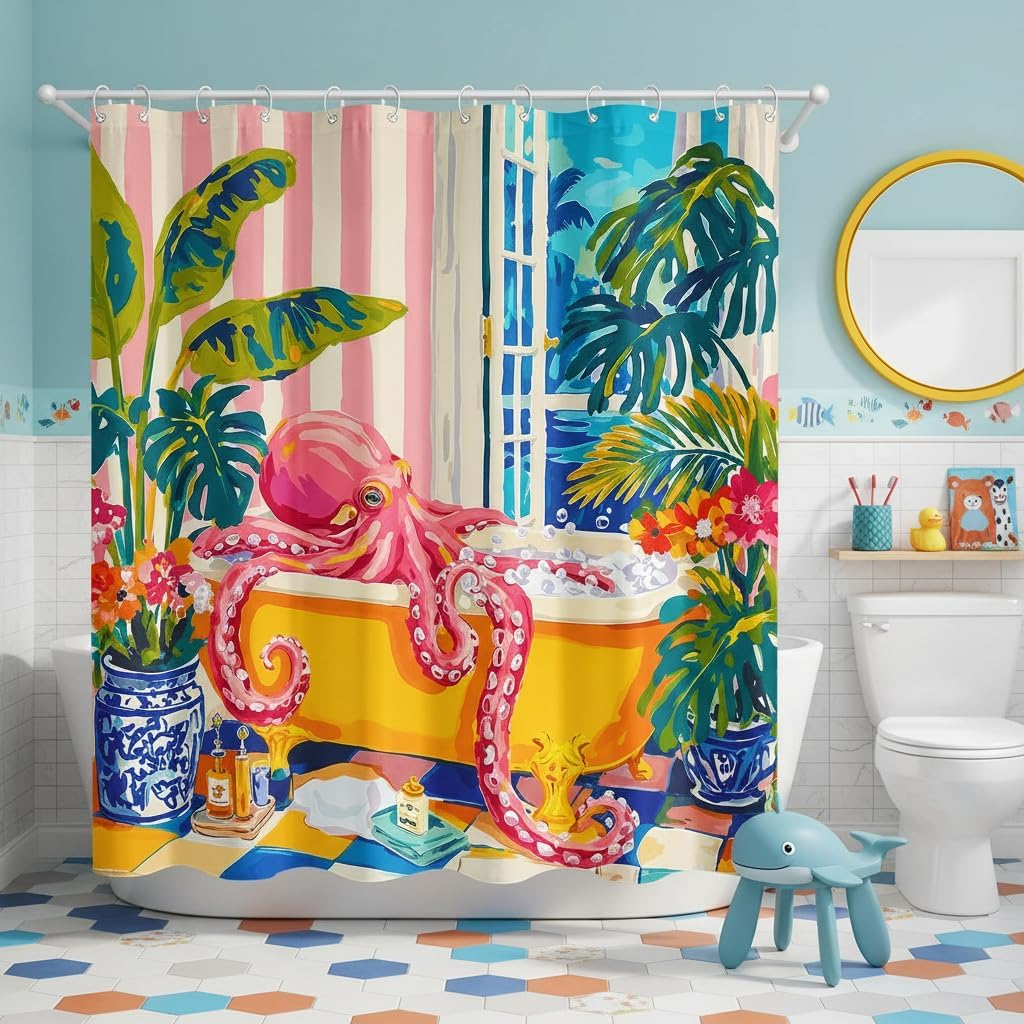 Accnicc Funny Octopus Shower Curtain Cute Boho Coastal Matisse Shower Curtains for Bathroom Green Tropical Plants Pink Decorative Unique Waterproof Fabric Bath Curtain Decor 72 X 72 Inches image 2