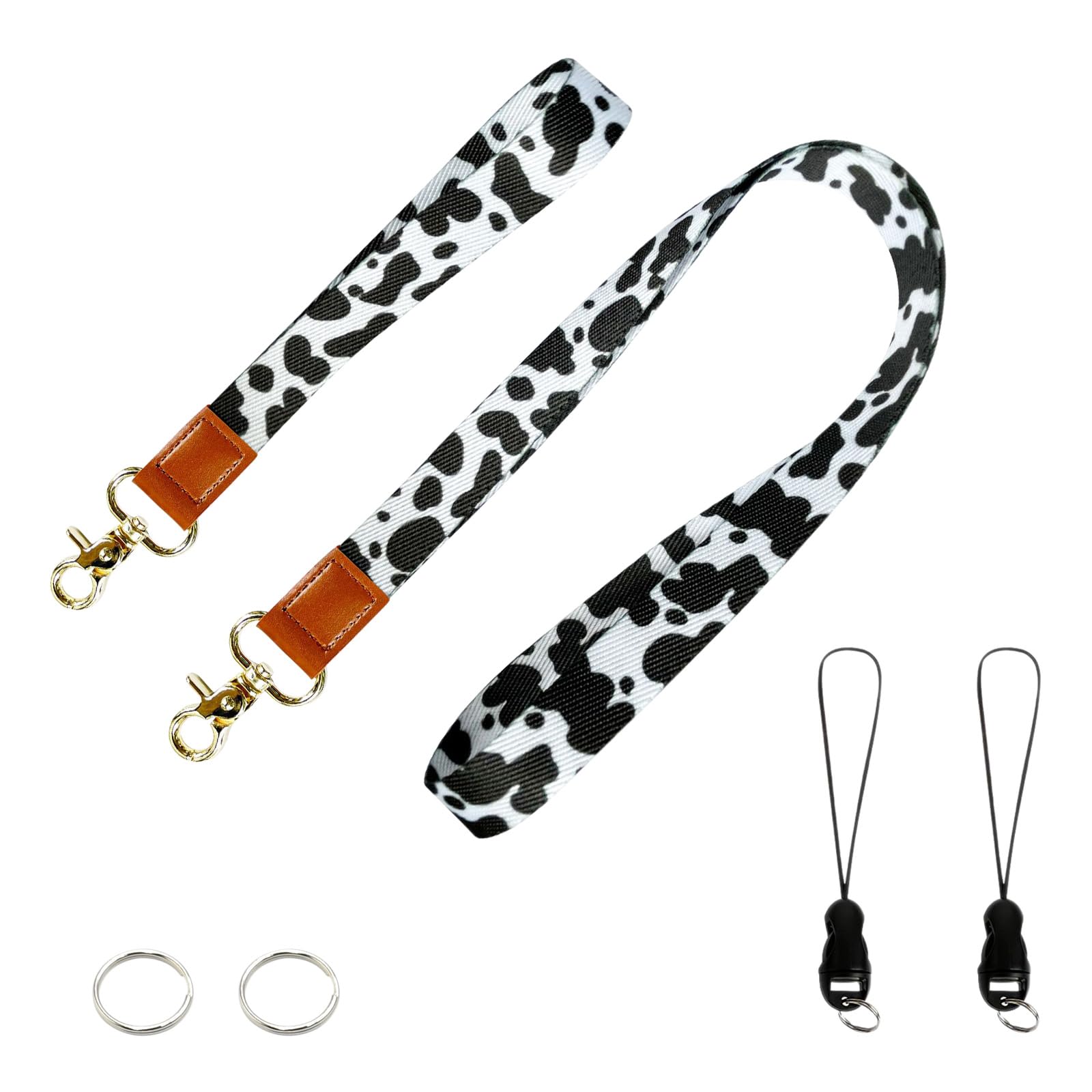 PAITOK Neck Lanyard & Wrist Lanyard Strap Set including Metal Clasp personalised lanyard with Two Metal Key Rings for ID Badge Holder Keys Charms(Cow pattern)