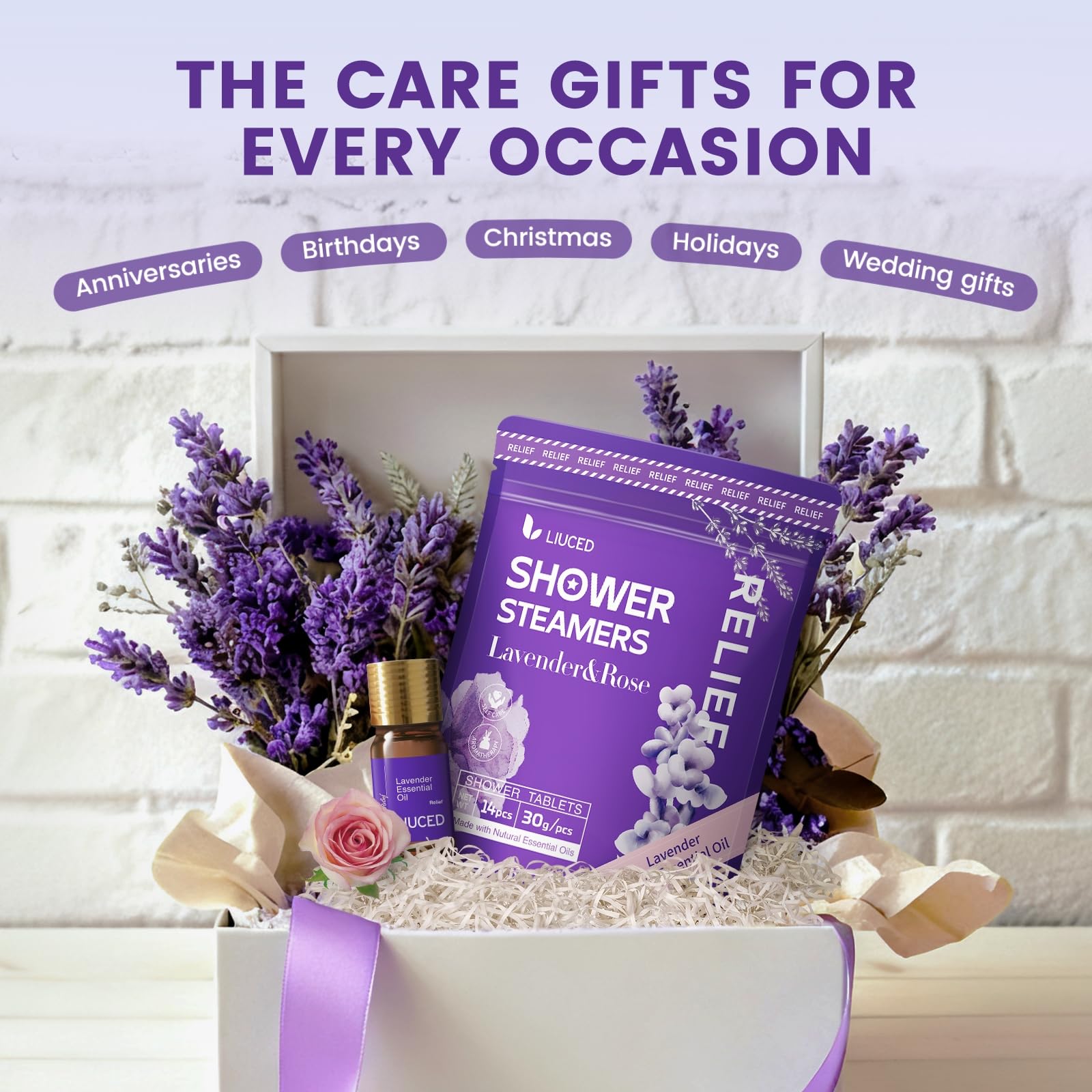 Confezione da 14 bombe da doccia con aromaterapia e lavanda e 5 ml di oli essenziali di lavanda naturale, regali per la cura personale e sollievo dallo stress per la mamma, regali di compleanno