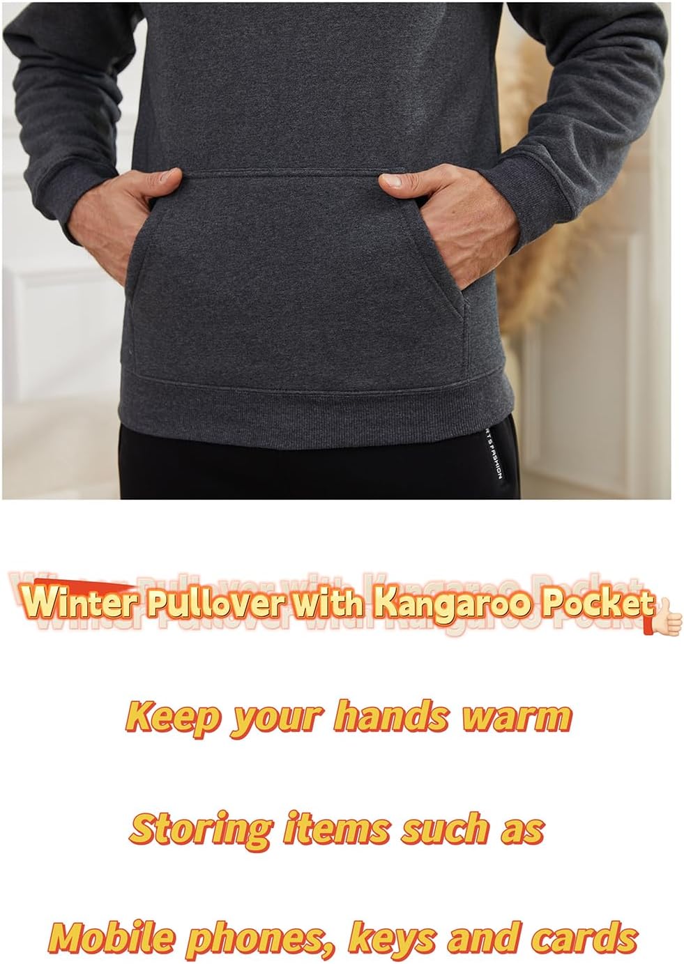 STICKON Mens Warm Sherpa Lined Sweatshirts Fleece Crewneck Sweater Winter Thermal Pullover with Kangaroo Pocket - Image 6