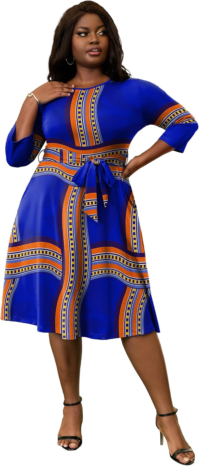 FANDEE Plus Size Midi Dress for Women - Printing Summer Dresses Casual 3/4 Sleeves Round Neck, Pockets and Belt（XL-5XL） - Image 5