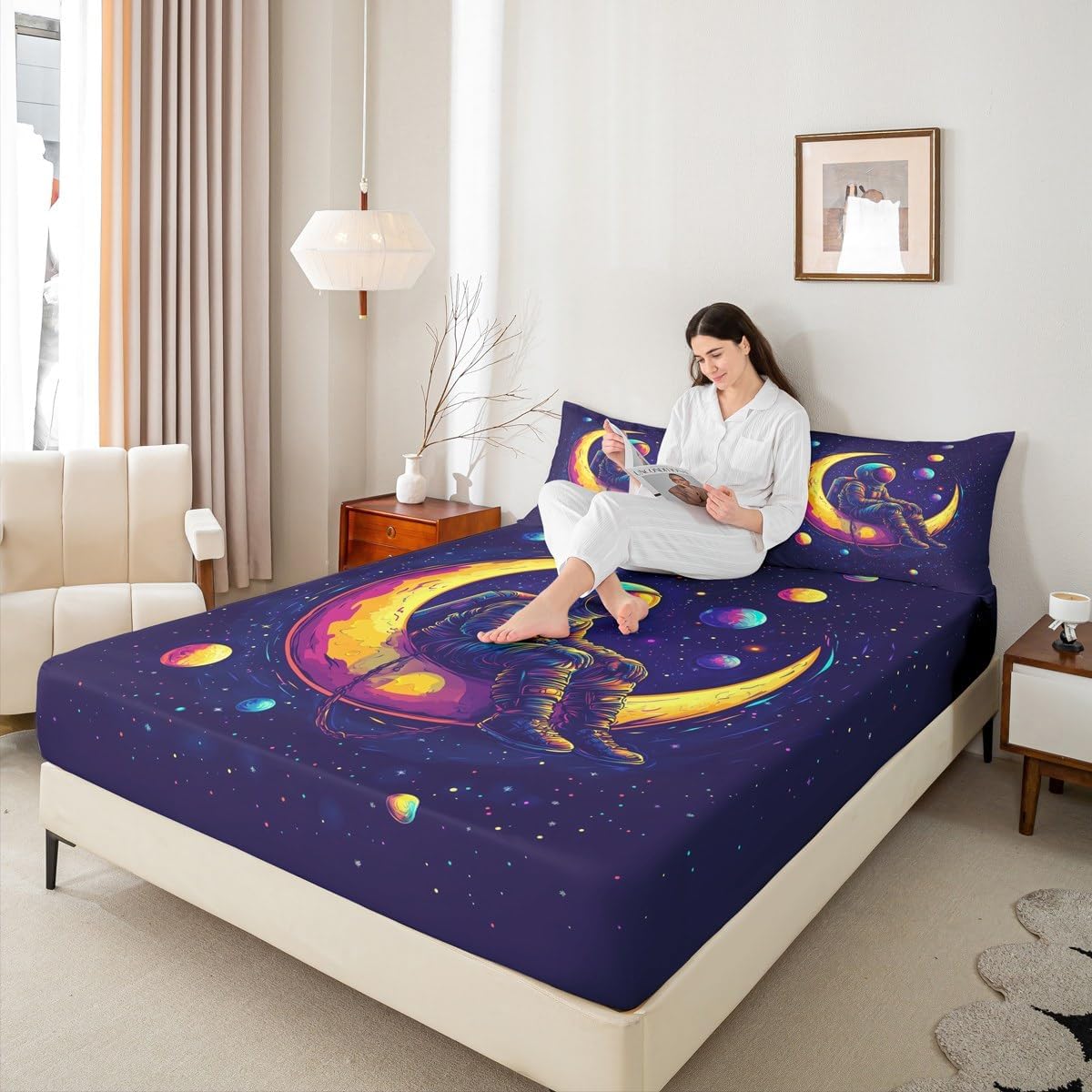 Boys Astronaut Fitted Sheets Full Size,Space Planet Bedding Set 3Pcs,Colorful Star Moon Flat Sheet for Kids Teens Girls Room Decor,Dreamy Galaxy Universe Deep Pocket Sheet,2 Pillowcases