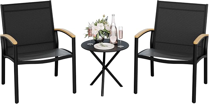 Vongrasig 3-Piece Patio Bistro Set, Outdoor Small Furniture Set Textilene Fabric Conversation Bistro Sets Porch Chairs with Coffee Table for Patio, Balcony, Porch,Yard Black