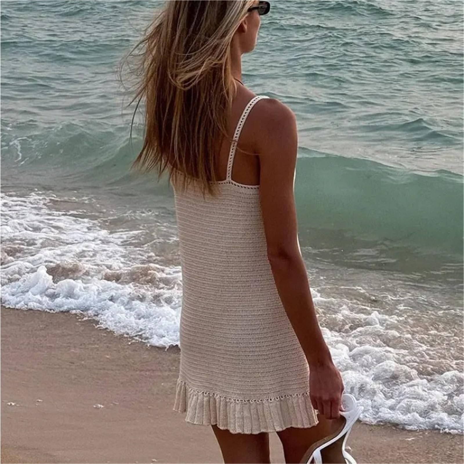 cover up strandkleid Bikini Cover Up Häkeln V-Ausschnitt Rüschen Strick Strandkleid Frauen Badeanzug Meer Urlaub