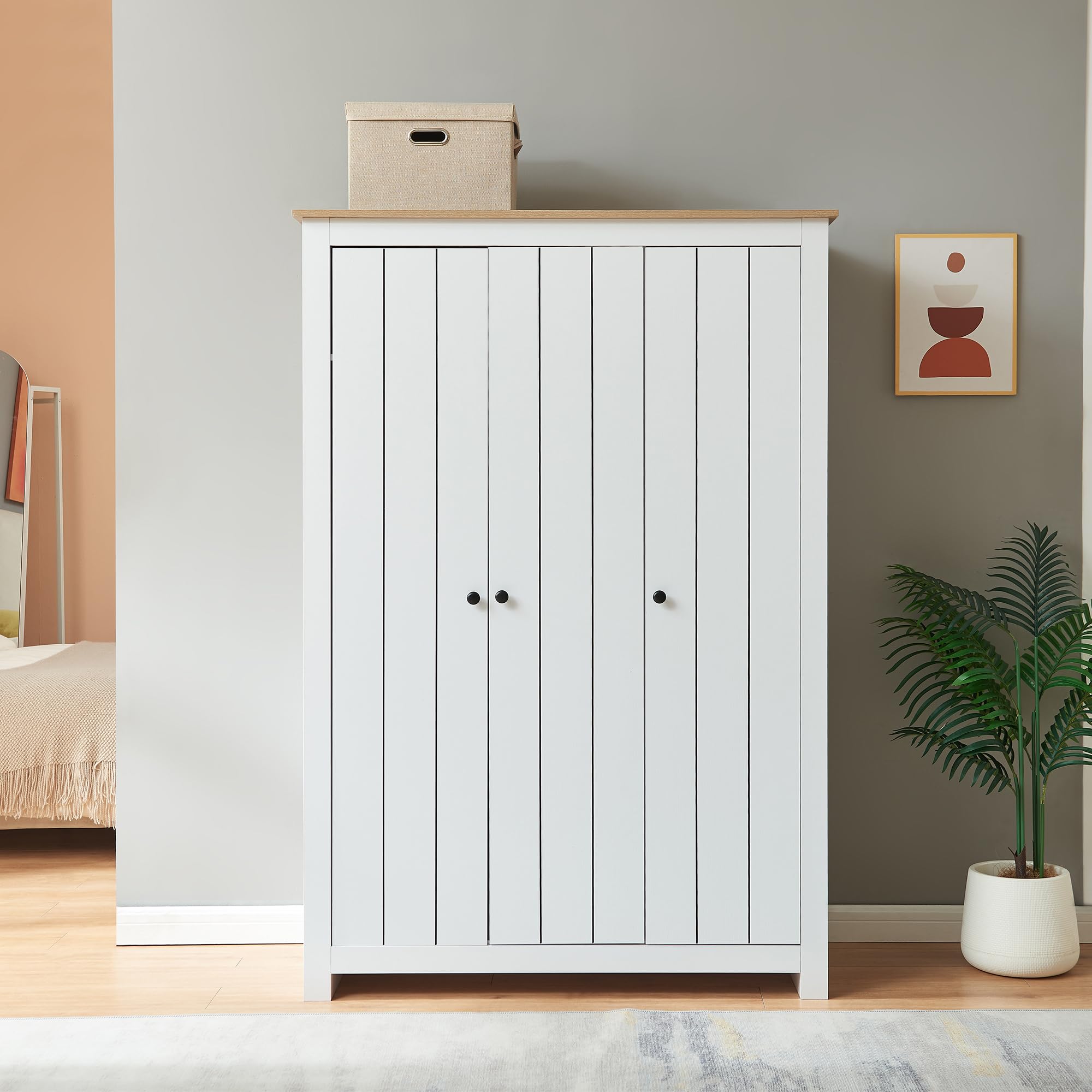 [en.casa] Armoire de Chambre avec 3 Portes et 3 Compartiments Meuble de Rangement 2 Tringles Pratiques pour Vêtements Chambre Panneau de Particules 175 x 120 x 52 cm Blanc Effet Chêne