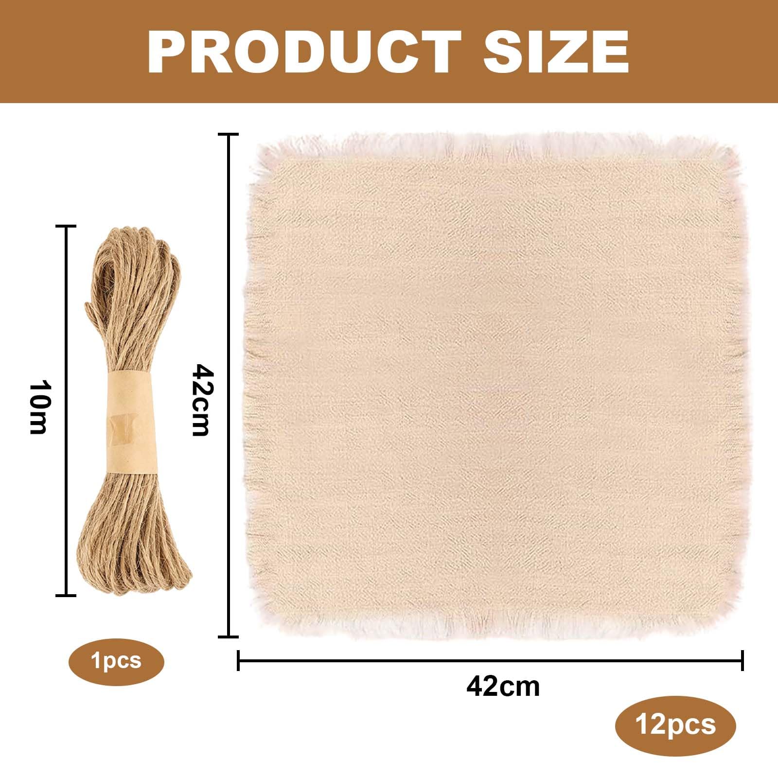 12 sztuk serwetek materiałowych beżowych z frędzlami, bawełna, serwetki lniane, muślin, serwetki wielokrotnego użytku, styl boho, z 10 m sznurkiem, dekoracja stołu, 42 cm, na imprezy, wesele
