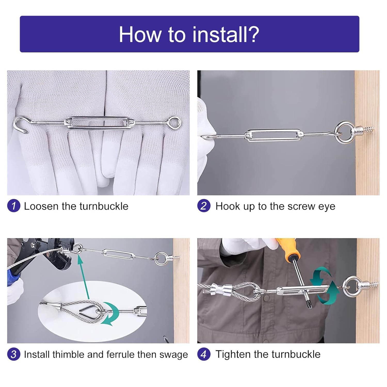 Uxcell Eye & Eye Turnbuckle 304 Stainless Steel Wire Rope Tension Adjustable Cable Railing M12