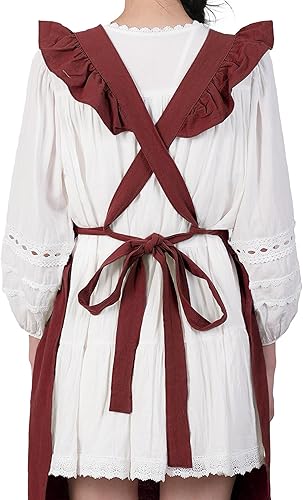 Miniatura 5 de Delantales vintage para mujer con bolsillos, lindo delantal ajustable de encaje con volantes para cocinar, cocina, hornear, jardinería