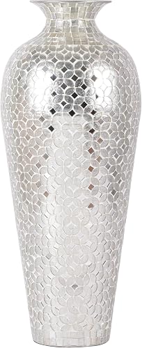 Mosaic Vase, Tall Floor Vase, Decorative 20 Inch Vase for Home Decor in Geometric Pattern Metal Tall Vase with Mirrored Glass Mosaic- Silver Topaz