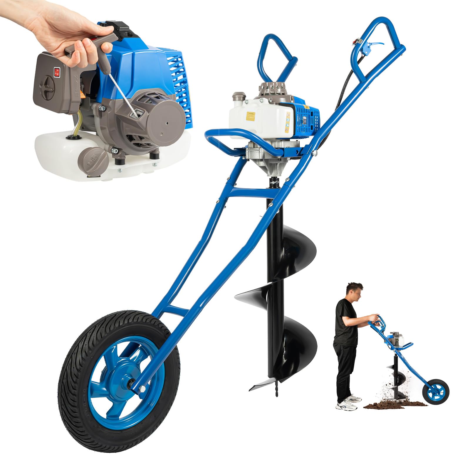 Broca de tierra de gasolina 63 CC 2,2 kW – Broca de tierra con broca de 30 cm y depósito de 0,34 Gal, motor de 2 tiempos 8800 rpm, con diseño monociclo para agricultura y jardín