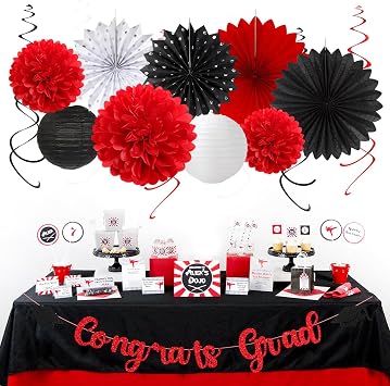 2026 Congrats Graduation Party-Decorations Banner-Streamers - 21pcs Black White-Red Congratulations Grad Backdrop Decor,Tassel Garland,Tissue Pom Poms Honeycomb,Paper Lantern Fans Hugtmr