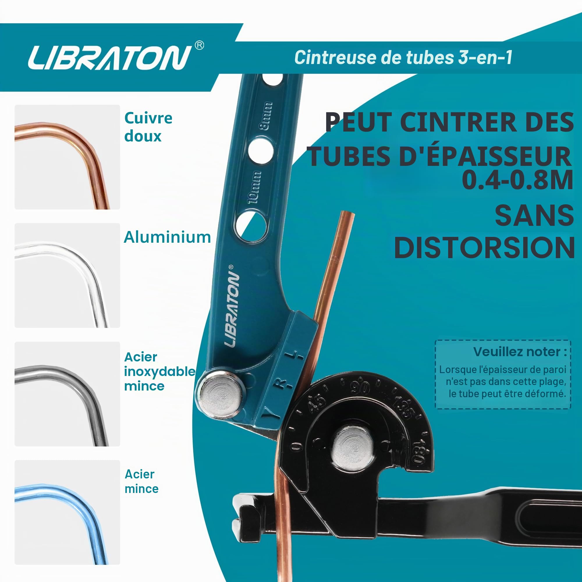 Libraton Cintreuse de tuyaux en cuivre et conduites de frein, outil de cintrage 3 en 1, cintreur de tuyaux 0-180 degrés, 6 mm, 8 mm, 10 mm, machine manuelle pour tuyaux en cuivre, aluminium et métal